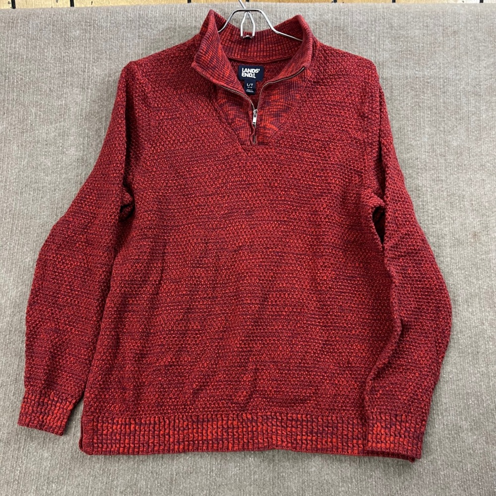 Lands End Mens L T Red Textured Knit 1/4 Zip Cotton Sweater